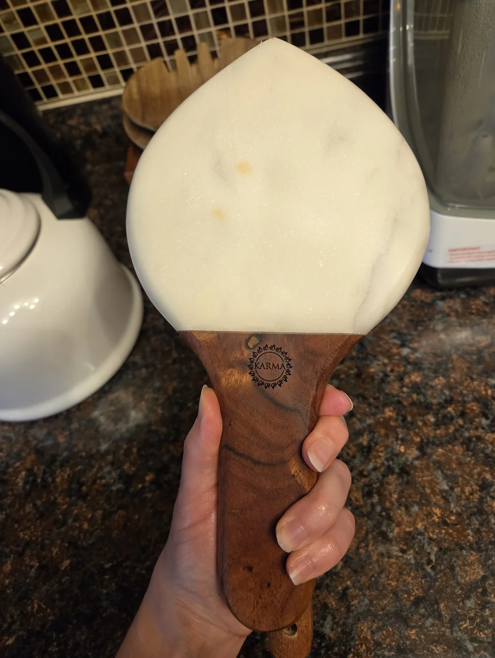 Marble and Acacia Wood Spoon Rest Mid-Century Modern Kitchen Decor Handcrafted